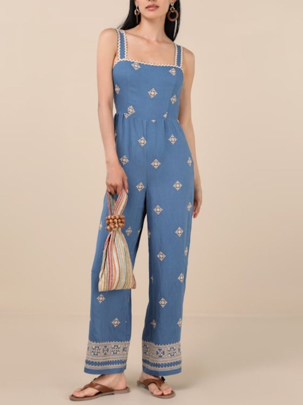Lulus Arwen Blue Embroidered Wide-leg Jumpsuit - Size S